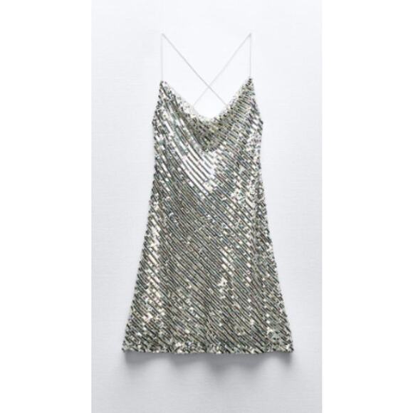 Zara Metallic Silver Sequin Spaghetti Strap Mini Dress Size XS - Picture 2 of 6